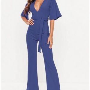 Blue plunge kimono jumpsuit